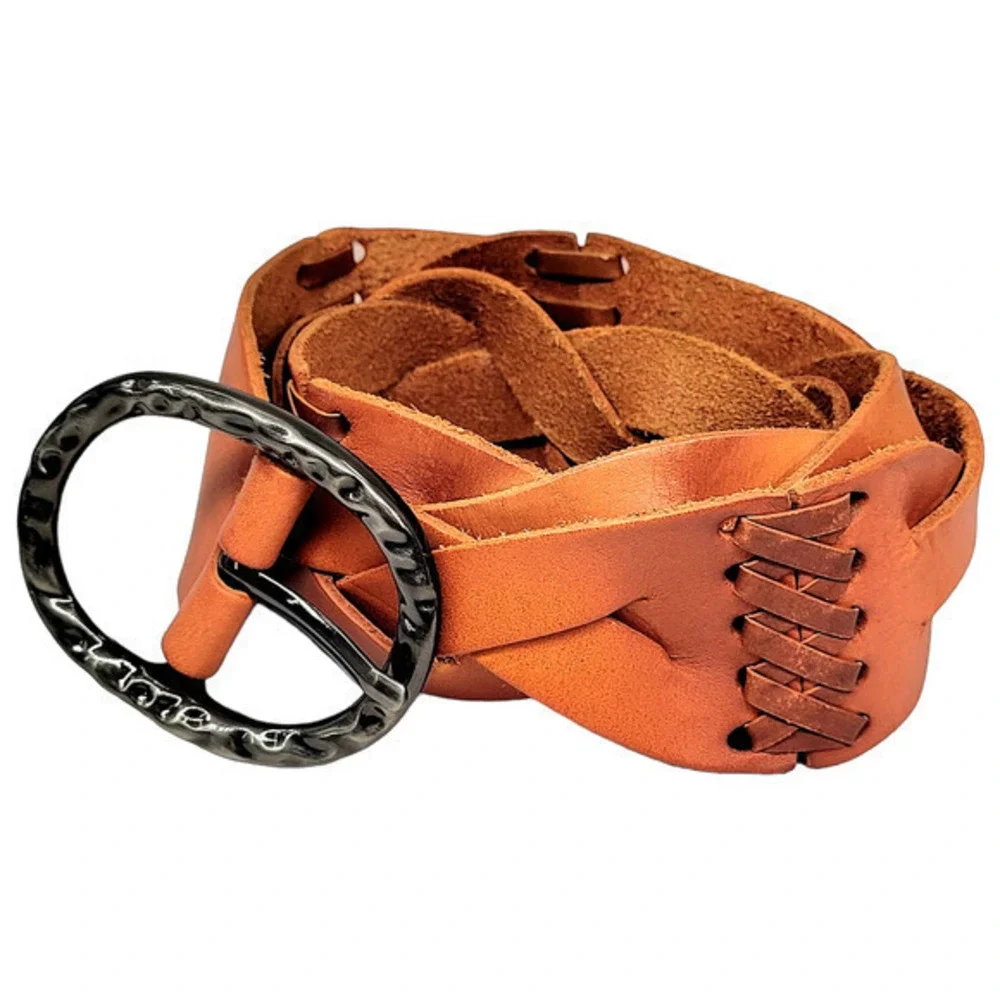 Vintage Bohemian Brown Braided Leather Black‎ Metal Buckle Belt